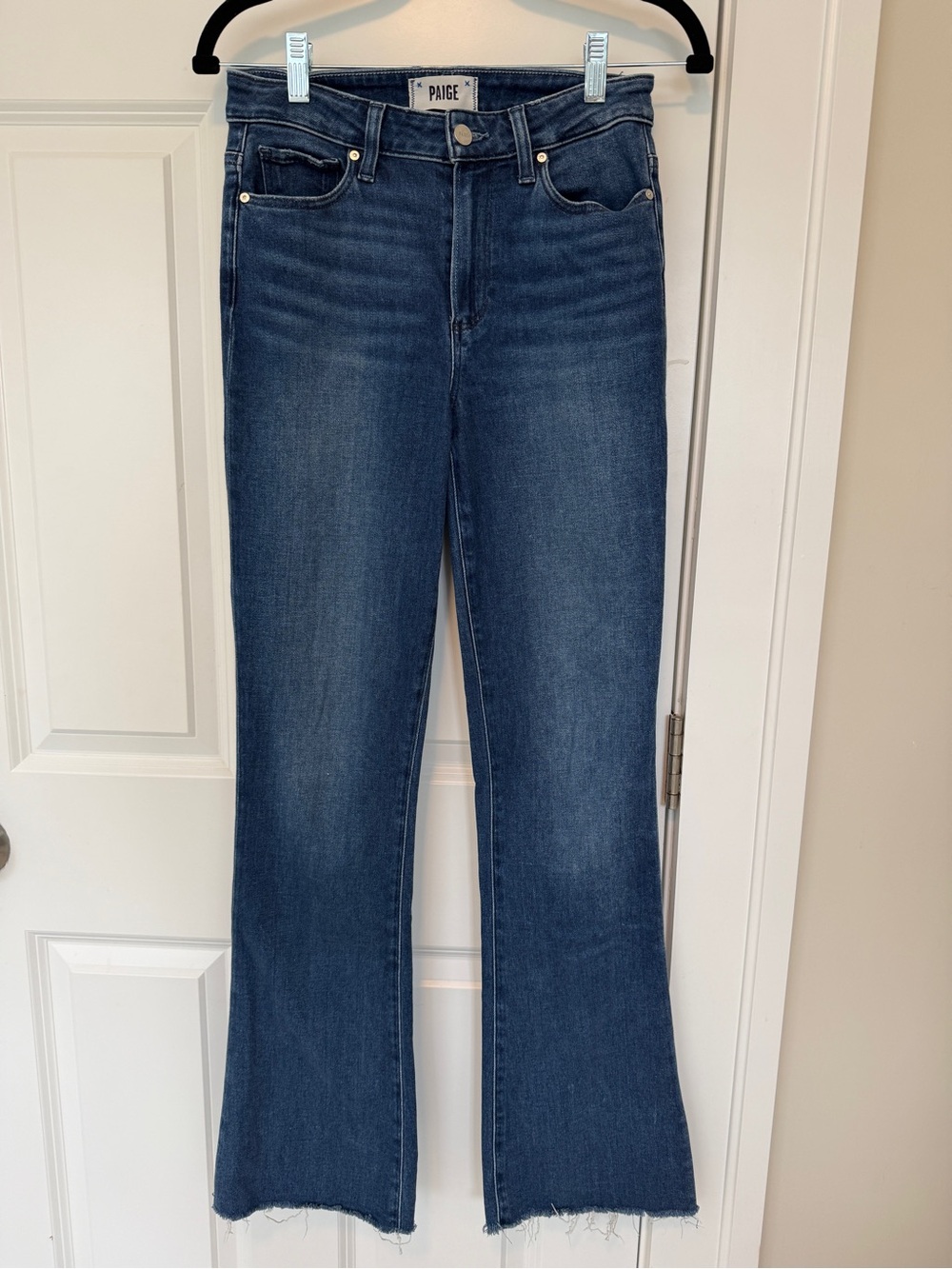 PAIGE Blue Wide Leg Frayed Hem Jeans